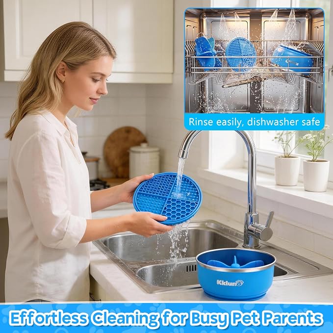 Slow Feeder Insert Dog Bowl 3-in-1 with Lick Mat - 64oz Stainless Steel Food Water Bowl, Non-Slip Suction Cup Base, Dishwasher Safe Puzzle Maze Insert for Dogs Cats All Breeds, Blue
