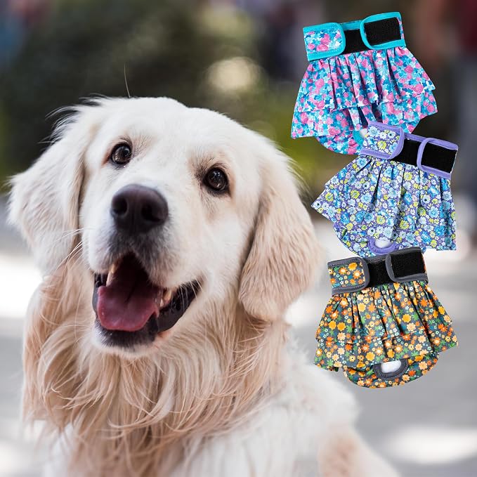 wegreeco Dog Diapers Female (3 Pack), Highly Absorbent Puppy Doggie Dog Diapers for Female Dogs Period, Washable Doggy for in Heat, Small Medium Large Size (Small Floral, Large)
