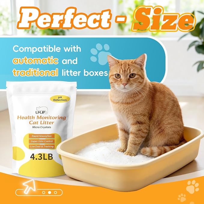 LMJP Health Monitoring Cat Litter — Super Odor Control, Color Changing for Early UTI Detection| 17.2lb, Non Clumping, Low Dust & Tracking, Micro Silica Crystals, Unscented — 3 Month Supply (4 x 4.3lb)