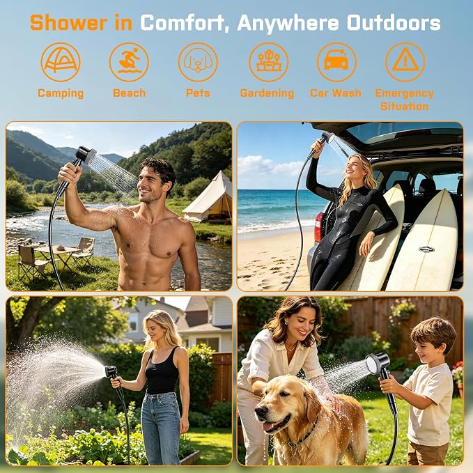 Portable Shower for Camping, 8000mAh Rechargeable Camping Shower Pump with Filtered Showerhead, LED Display, IPX8 Waterproof Outdoor Camp Shower for Hiking, Travel, Car, Pet Bath