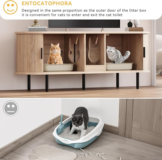 YITAHOME Double Cat Litter Box Enclosure with Power Outlet, 55.1in Litter Box Furniture Hidden, Wooden Kitty Litter Box TV Stand Furniture for 2 Cats, Light Oak