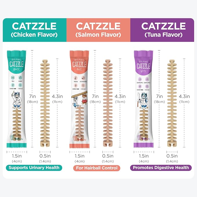 CATZZLE Cat Treats, Dental Chews for Indoor Cats, Cat Teeth Cleaning, Dental Care Snacks - Hairball Control (Salmon Flavor), 5 Sticks (1.25 oz.)