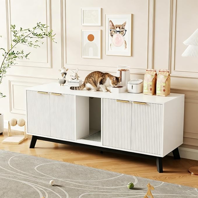 Garvee Cat Litter Box Enclosure for 2 Cats, 59" Hidden Litter Boxes Furniture with Cat Litter Mat, Large Indoor Pet House with Double Room, Wooden TV Stand Side Table, White