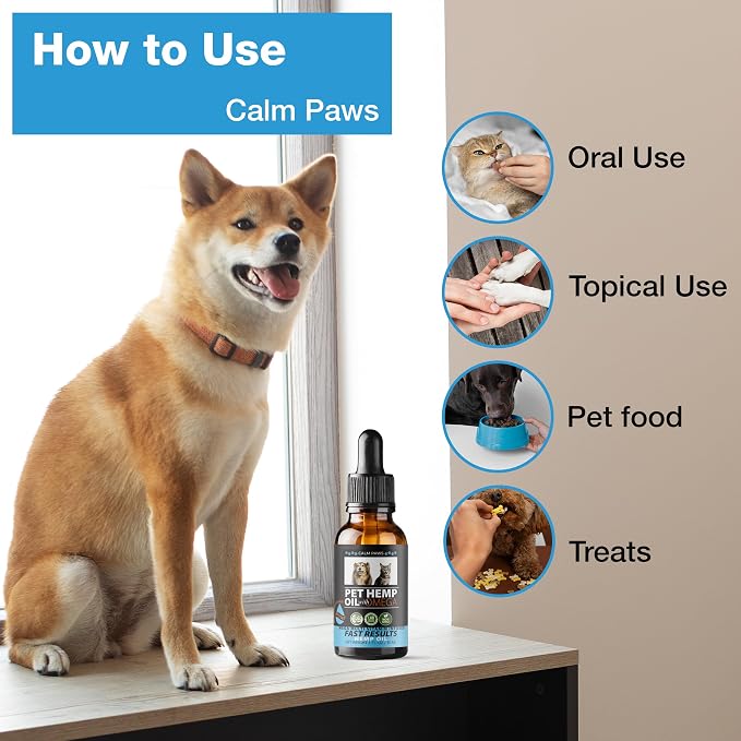 Calm Paws Hemp Oil for Dogs & Cats - Dog Calming Oil, Cat Muscle & Immune Support Oil - Anxiety & Pain Relief Pet Hemp Oil for Stress, Joint & Pain Support - 1 oz Amber Bottle with Silicone Dropper