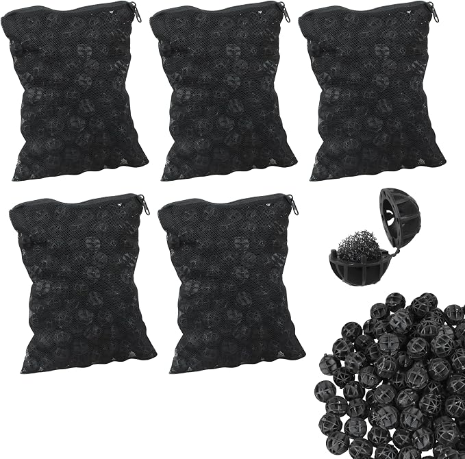 500 Pieces Black Bio Balls 0.6 Inch Internal Bioballs Filter Media for Aquarium Filter Pond Filter with 5 Pack Zippered Aquarium Filter Media Mesh Bags