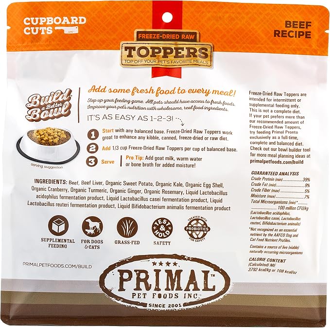 Primal Dog Food Toppers & Cat Food Toppers, Cupboard Cuts, Grain Free Meal Mixers with Probiotics, Raw Freeze Dried Dog Treats & Cat Treats, Great for Training (Beef, 18 oz)