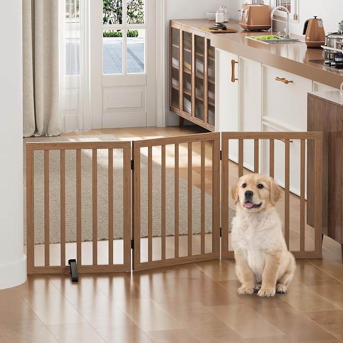 Dog Gates for Doorways, Freestanding Dog Gate Indoor, Foldable Pet Gates for Doorways Bedroom, Puppy Gate with Metal Support Feet, Room Divider 3 Panels (Dark Walnut)
