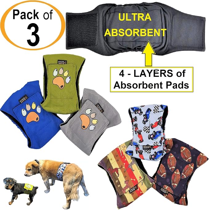 Pack of 3 Male Dog Diapers 4 - Layers of Absorbent Pads Waterproof Leak Proof Belly Band Wrap Washable (XS: Waist 7" - 10", Patterned)