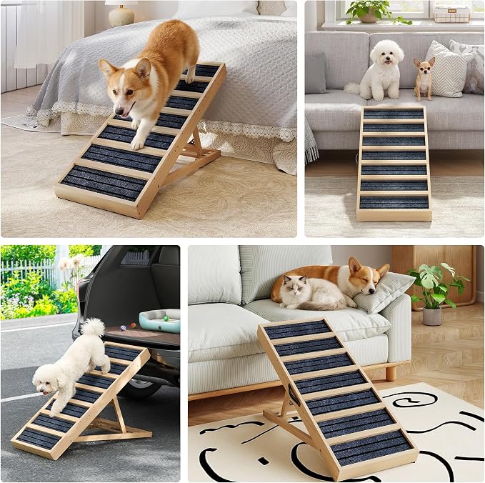 Adjustable Wooden Dog Ramp for Bed and Couch - 39" Folding Pet Ramp with 4 Heights and Non-Slip Safety Rails for 132lbs Small, Medium, and Senior Dogs