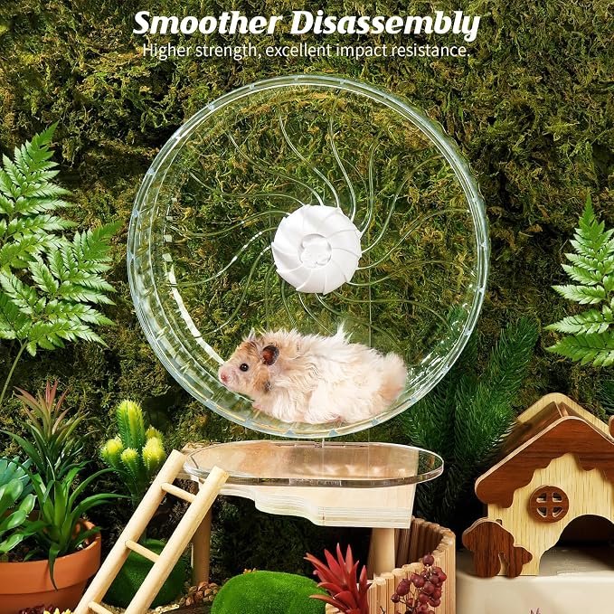 Silent Exercise Wheel with Adjustable Stand for Hamsters, Gerbils, Mice & Small Pets + Free Cleaning Cloth - 8.3" Diameter Running Wheel, Easy Clean, Anti-Slip Track (Transparent)