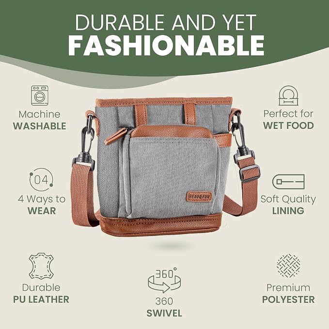 BEAU&FUR Large Dog Treat Pouch with Clicker for Training – 4 Cup Capacity, Built-In Poop Bag Dispenser, Expandable Pocket, Metal Buckle, Large Back Pocket, Ideal Design for Walks and Training – Grey