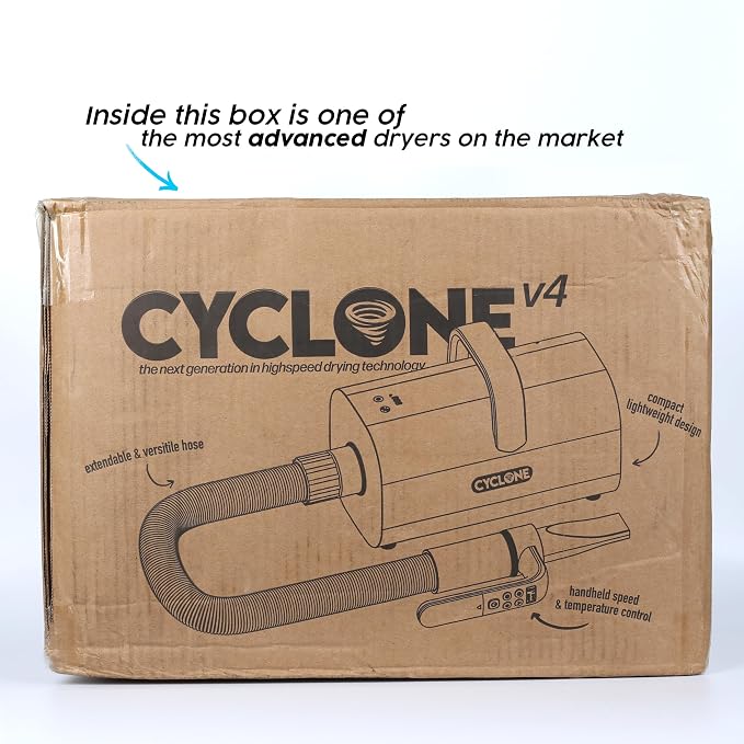 CYCLONE v4® Professional HIGH POWER Velocity Force Dog Hair Blow Dryer for Pet Grooming | Quiet Motor with Adjustable Heat and Speed | 4 Drying Attachments Included