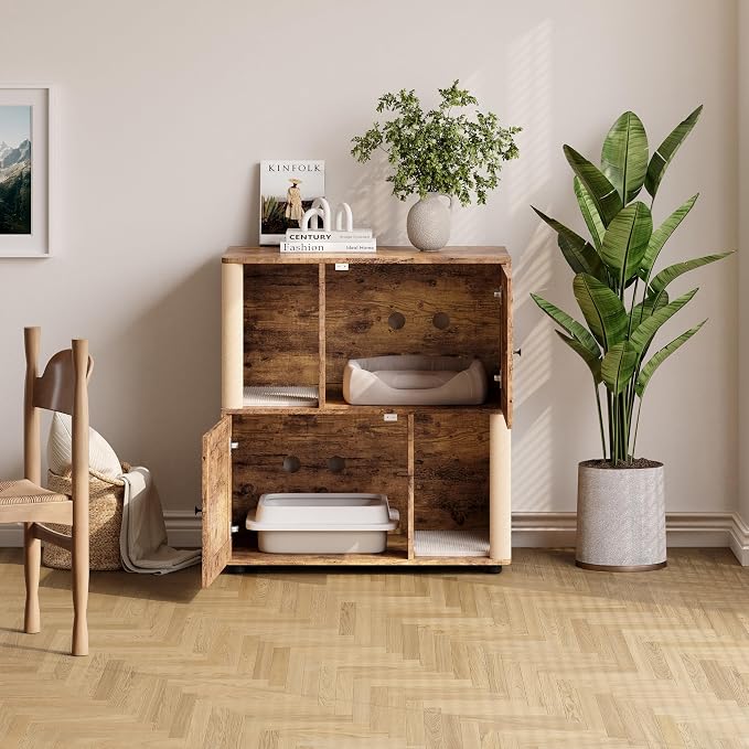 Cat Litter Box Enclosure, Two-Story Wooden Hidden Litter Box Furniture with Scratching Post, Multi-Level Cat Washroom Cabinet for 2 Cats, Reinforced Wood Frame & Ventilated Design for Small Apartment