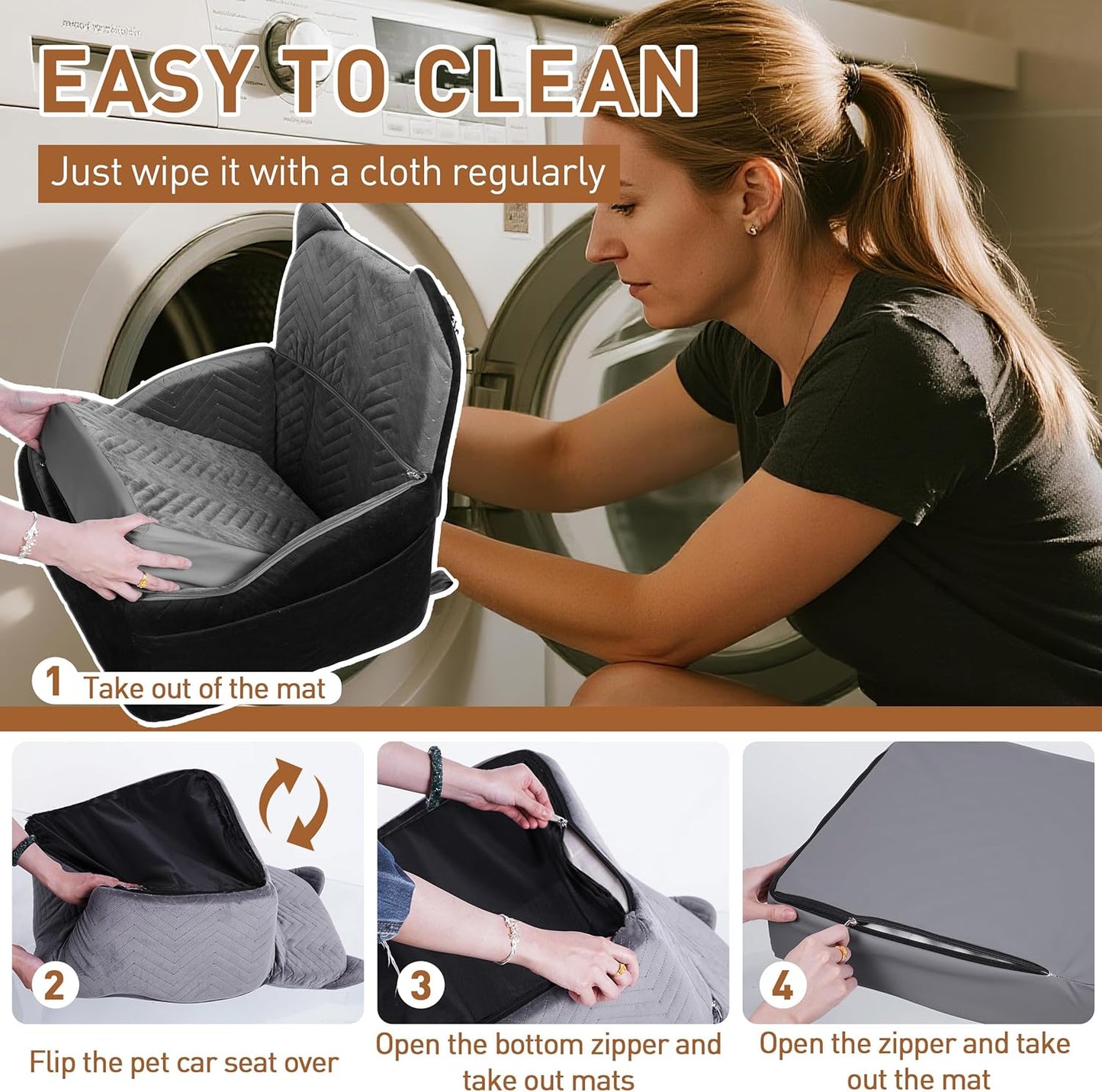 Dog Car Seat Booster with Waterproof Cover, Memory Foam, Small/Medium Dog Bed for Car Back Seat for Travel, Black/Grey, 2 Safety Belt