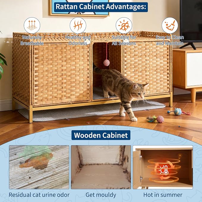 Rattan Litter Box Enclosure Double Cat Hidden Litterbox Furniture with Removable Litter Mat,Ball & 2 Hooks, Natural Cat House End Table, Easy Assembly, 47.2" l x 19.7" w x 23.6" h Natural