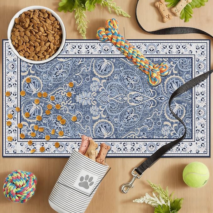 Blue Floral Pet Feeding Mat, Absorbent Dog/Cat Food Mat for Food and Water Bowl, Non-Slip Quick Dry Pet Placemat Floor Protector for Messy Drinkers(17 x 30 in)