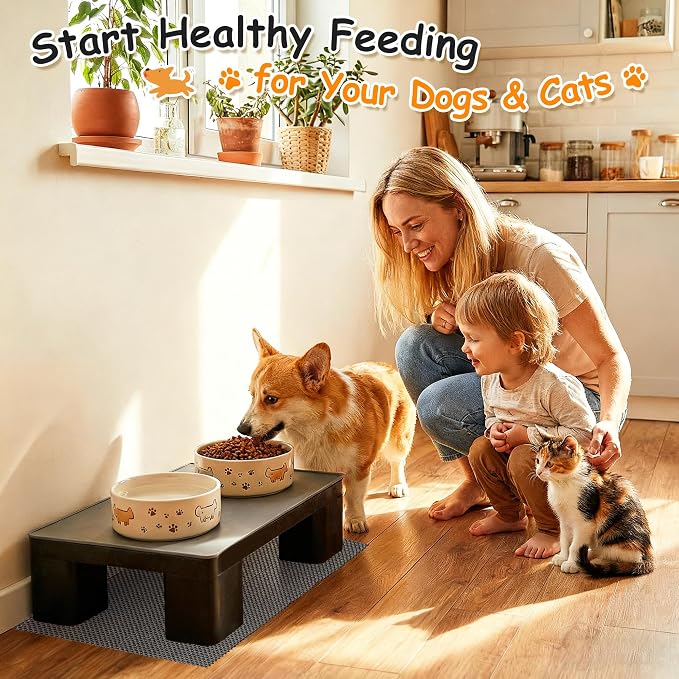 Upgraded Elevated Dog Bowl Stand and 100% Waterproof & Non-Slip Mat, Raised Bowl Stand for Small Medium Dogs, Easy-Clean Silicone Pet Food Mat- Neck Strain Relief & Protect Your Floors