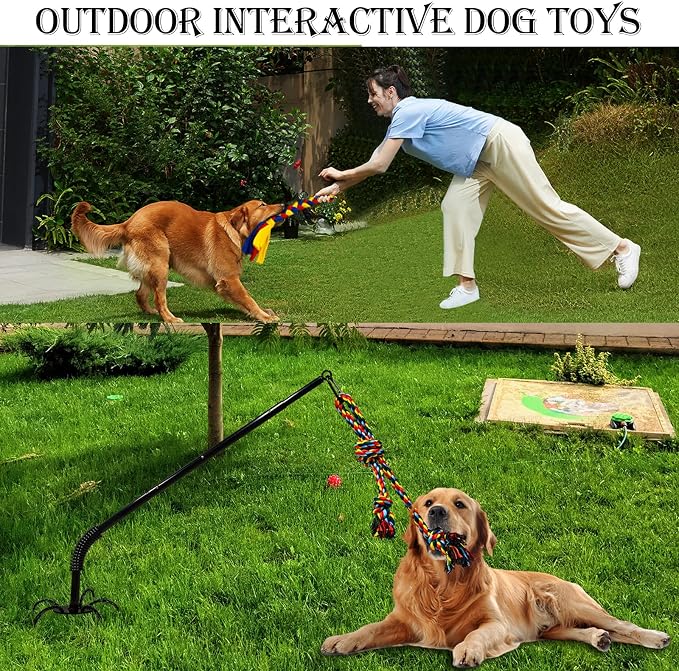 Flirt Pole for Dogs, Interactive Teaser Wand with 1 Fleece Rope Toy for Chase and Tug of War+Outdoor Interactive Dog Toys with 2 Rope Toy for Large Medium Small Dogs Chase