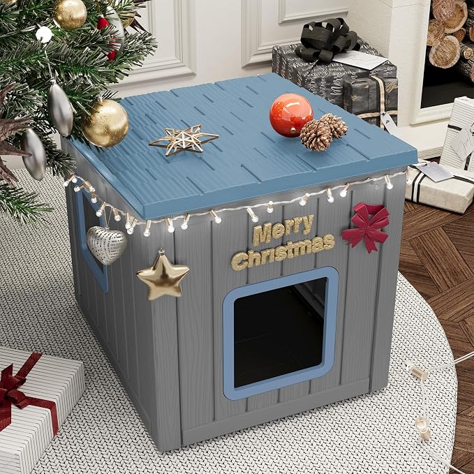 NUNU LAB Cat Litter Box Enclosure, Outdoor Cat House – Weatherproof & UV Resistant PP Material Shelter with Sloped Asphalt Roof, Durable Cat Condo for Garden, Patio, and Backyard (Blue, Large)