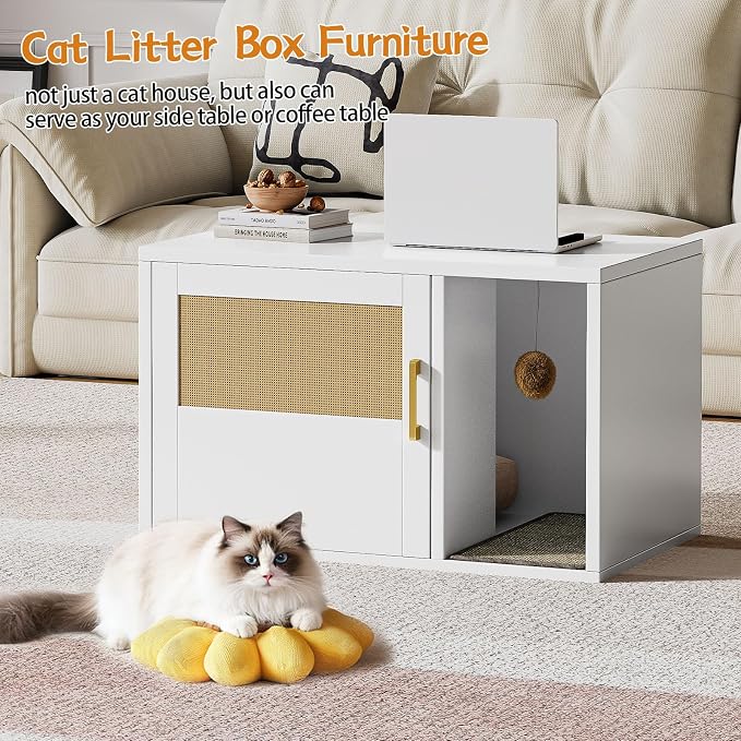 Cat Litter Box Enclosure, Hidden Litter Box Furniture with Door & Bell, Pet House Fit Most of Litter Box, White