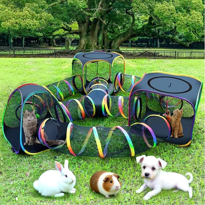 CypherX Outdoor Rainbow Cat Enclosure, 7 in 1 Portable Cat Tents for Outside Cage Free Outside Pop up Pet Enclosure Cat Tunnel Outdoor Playground for Indoor Cats and Small Animals