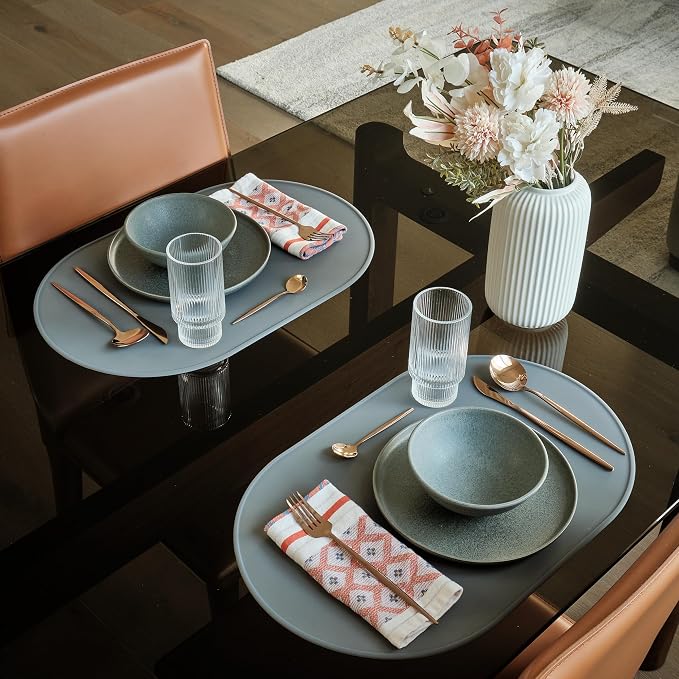 LINE+ARC Waterproof, Stain-Resistant, Heat-Safe Silicone Degrē Placemats (20.5x13, Set of 2 Chalk) 3mm-High Rim Adults Babies Easy-to-Clean Washable Oval Modern Non-Slip Dining Table Mats