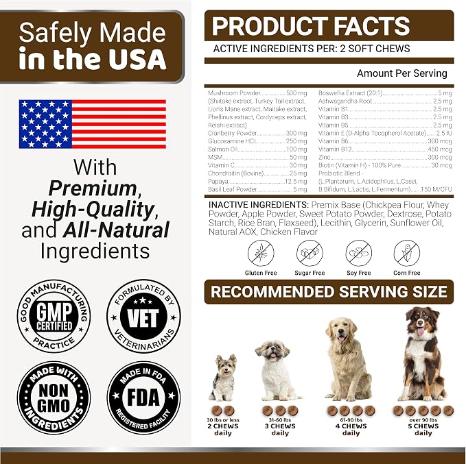(2-Pack) Turkey Tail Mushroom for Dogs - 340 Count - Mushroom Chews for Dogs Lipoma Lumps and Bumps - Immune Health, Digestive, Skin, Joint Vitamin Support Guard Buddy - Multivitamin Supplement