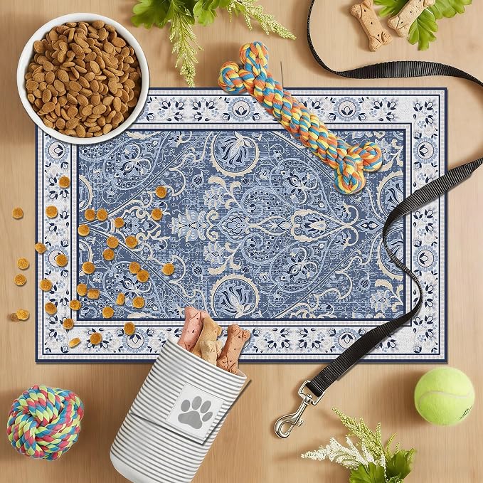 Blue Floral Pet Feeding Mat, Absorbent Dog/Cat Food Mat for Food and Water Bowl, Non-Slip Quick Dry Pet Placemat Floor Protector for Messy Drinkers(16 x 24 in)
