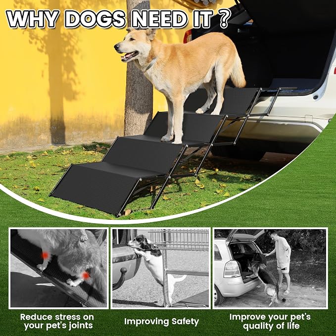 Dog ramps with 23.6" Extra-Wide - Portable 4-Dog Steps with Non-Slip Surface, 250 lbs Capacity for Large Dogs, Extra-Wide Foldable Dog Ramps for Cars, SUVs, and Trucks