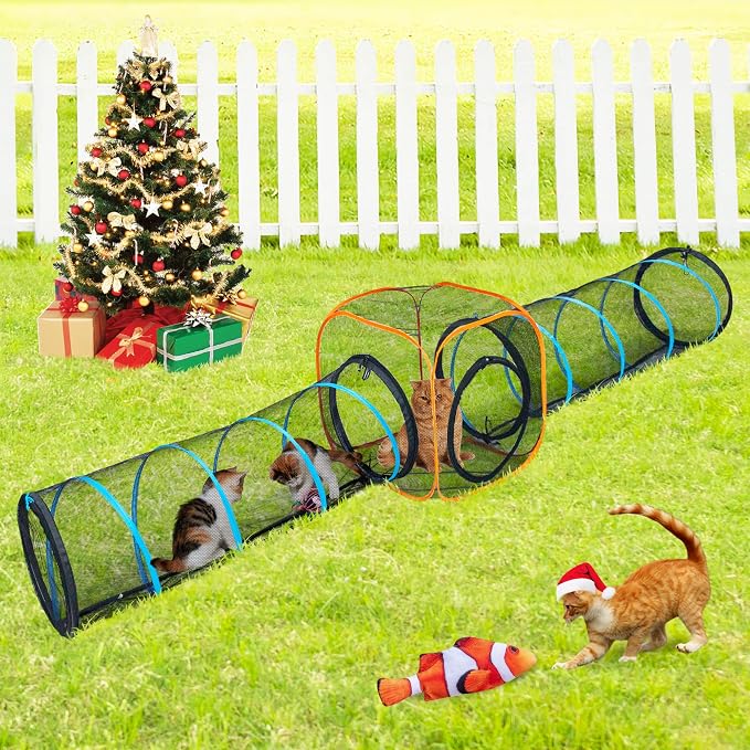 Cat Play Tunnel + Cube(with Three Ways) for Indoor and Outdoor, Cat Playpen, Play Enclosures, Collapsible Playhouse, Tunnel, Easy to Connect with Tent 2 Tunnels + Cube
