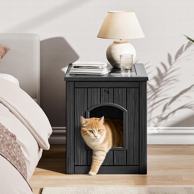 Cat Litter Box Enclosure, Resin Hidden Litter Box Furniture Side Table with Openable Front Door, Weatherproof Indoor & Outdoor Cat Litter Box Cabinet, Raised Floor, Easy to Clean & Assemble, Black