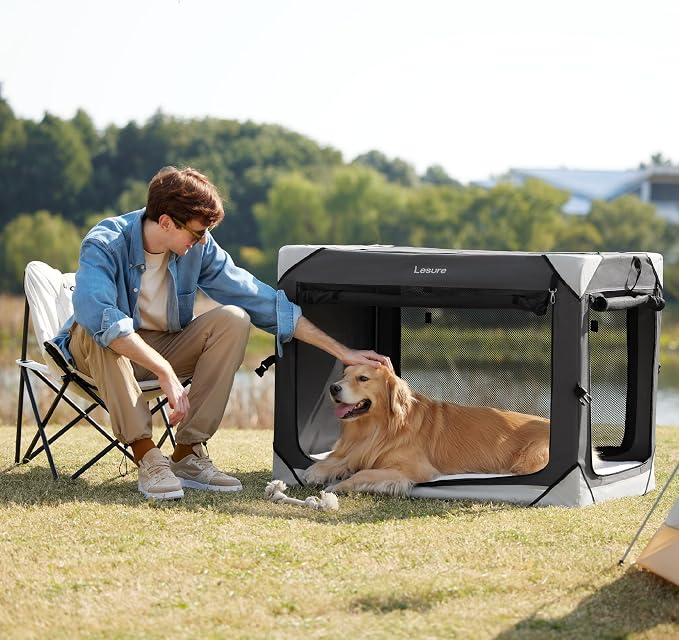 Lesure Collapsible Dog Crate - Portable Travel Kennel for Extra Large Dog, 4-Door Pet Crate with Mesh Windows, Indoor & Outdoor, Charcoal Gray