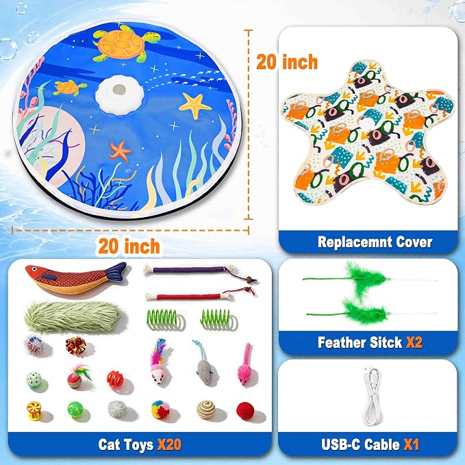 Interactive Cat Toys with 20 PCS Cat Toys, Automatic Cat Toy Touch Activated with 2 Feather Wand, Bird Chirping for Bored Indoor Kittens