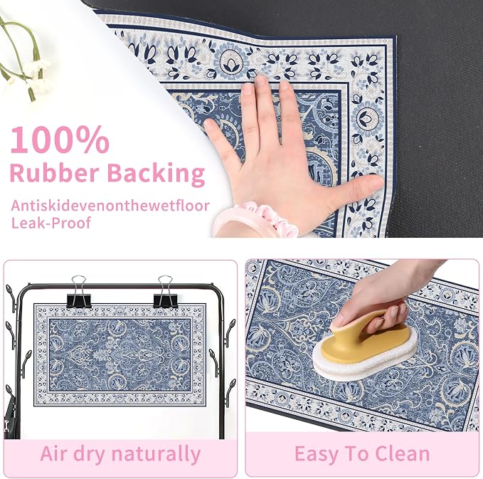 Blue Floral Pet Feeding Mat, Absorbent Dog/Cat Food Mat for Food and Water Bowl, Non-Slip Quick Dry Pet Placemat Floor Protector for Messy Drinkers(12 x 20 in)