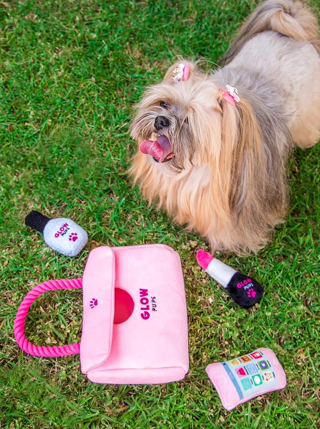 Glow Pups Dog Hide and Seek Purse Toy for Dog, Pink Purse Dog Toys Filled with Squeakers & Crinkle Material, Interactive Plush Lipstick, Dog Phone e & Nail Polish Toys for Small Dogs - Pink/Fuchsia