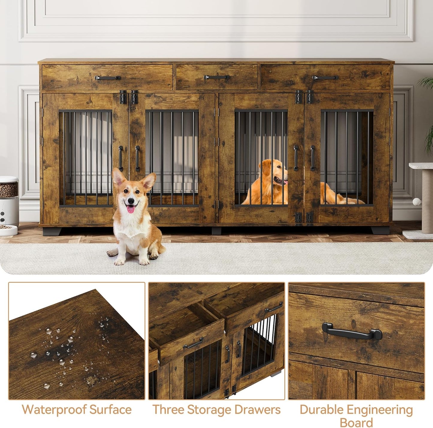 71'' Dog Crate Furniture, Wooden Indoor Dog Kennel for 2 Dogs with 3 Drawers and Removable Room Divider, XXL Double Dog Crate TV Stand End Table with Double Doors for Large Medium Dogs, Rustic Brown