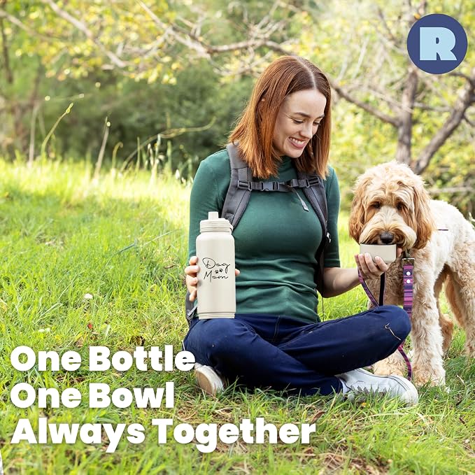 Dog Mom Water Bottle - 32 oz Stainless Steel Double Wall Insulated with 8 oz Detachable Bowl on Bottom - Cool Dog Mom Gifts for Women for Hiking, Walking, Travel and Everyday Adventures - DM Cream