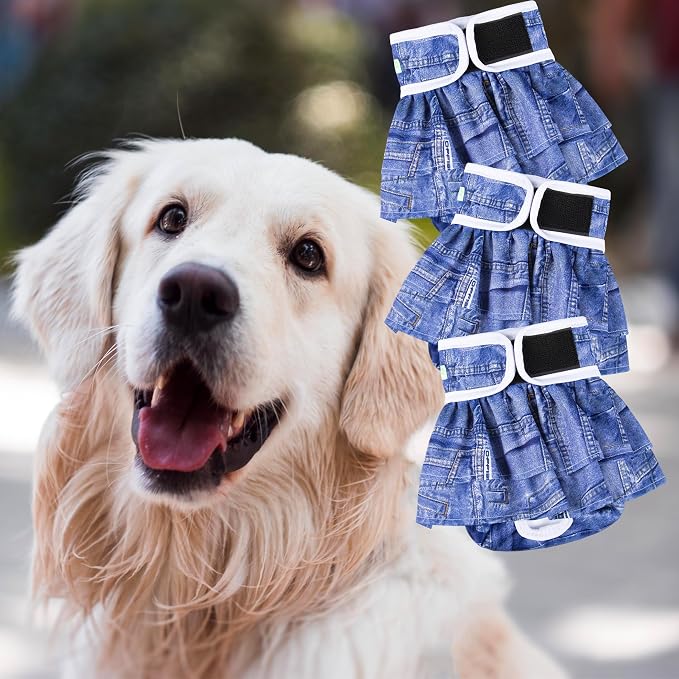 wegreeco Dog Diapers Female (3 Pack), Highly Absorbent Puppy Doggie Dog Diapers for Female Dogs Period, Washable Doggy in Heat, Small Medium Large Size (Classic Jeans, Medium)