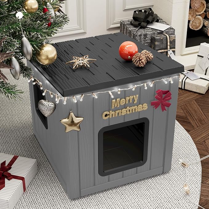 NUNU LAB Cat Litter Box Enclosure, Outdoor Cat House – Weatherproof & UV Resistant PP Material Shelter with Sloped Asphalt Roof, Durable Cat Condo for Garden, Patio, and Backyard (Black, Large)