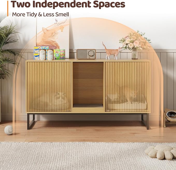 Kitty Litter Box Enclosure for 2 Cats, Small Hidden Cat Litter Box Furniture with Scratch Pad, Modern Fluted Double Litterbox Cabinet TV Stand for Kittens, Natural