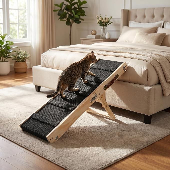 Wooden Dog Ramp for Bed and Couch, 4 Adjustable Heights Folding Pet Ramp with High Traction Fabric Surface, Portable Solid Pine Wood Dog Steps for Couch, Max 25KG (Trumpet)