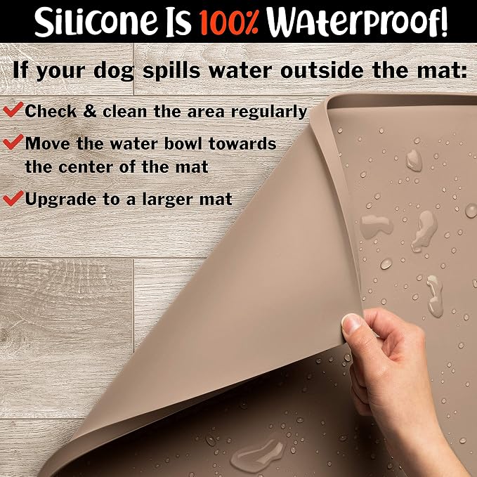 DogBuddy Dog Food Mat – Waterproof Dog Bowl Mat for Food and Water, Silicone Pet Feeding Mats for Floors, Non-Slip Placemat with High Edges for Dogs Bowls, Puppy Essentials (Large: 24"x16", Taupe)