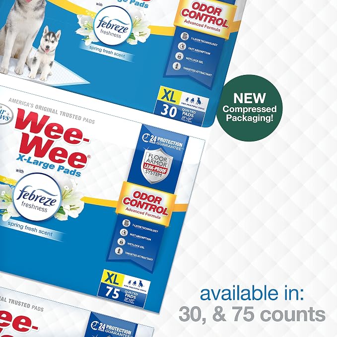 Four Paws Wee-Wee Odor Control with Febreze Freshness Pee Pads for Dogs & Puppies, Leak-Proof Dog Housebreaking Potty Training Floor Protection, Spring Fresh Scent, 28" x 30", 75 Count