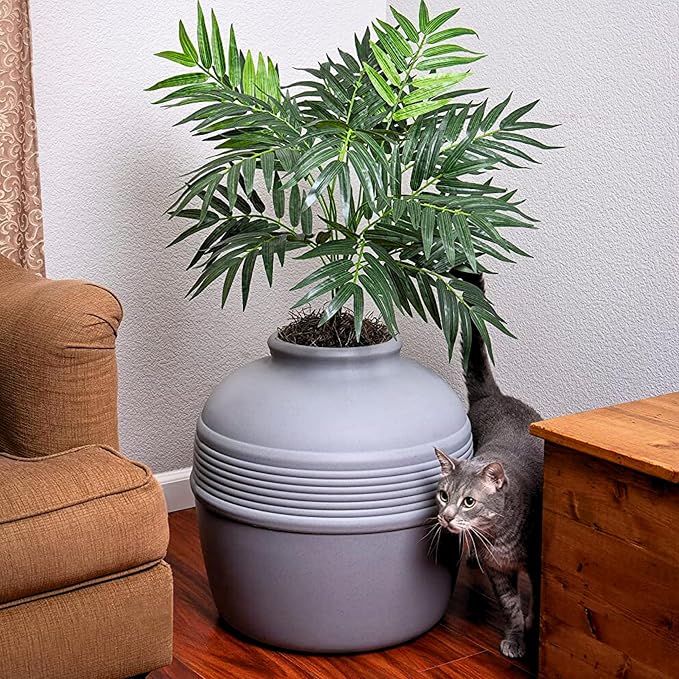 Good Pet Stuff Original Hidden Litter Box Planter, Decorative Cat Litter Enclosure, Carbon Filter, Faux Plant, Round Design, Easy to Clean, Base Kit, Palm Plant, Pebble Gray