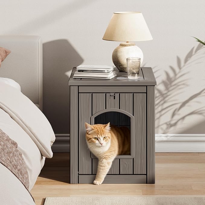 Cat Litter Box Enclosure, Resin Hidden Litter Box Furniture Side Table with Openable Front Door, Weatherproof Indoor & Outdoor Cat Litter Box Cabinet, Raised Floor, Easy to Clean & Assemble, Gray