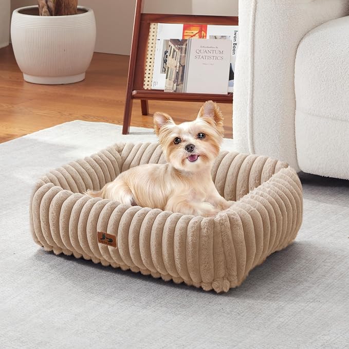 Cute Dog Bed for Small Dogs & Cats,Washable Fluffy Cat Beds for Indoor Cats, Rectangle Orthopedic Memory Foam Puppy Beds with Anti-Slip Bottom, 20 x19 x 7 Inches, Camel