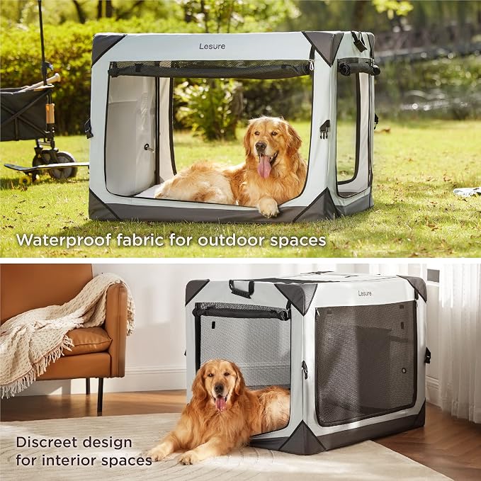 Lesure Collapsible Dog Crate - Portable Travel Kennel for Extra Large Dog, 4-Door Pet Crate with Mesh Windows, Indoor & Outdoor, Light Gray