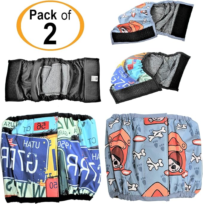 FDC Leak Proof Waterproof Diapers Dog Belly Band Male Wrap Washable Reusable Absorbent Pad Lined for Small Medium Large Pets Black (XL: Waist 16" - 20", Pack of 2 Gray & Retro)