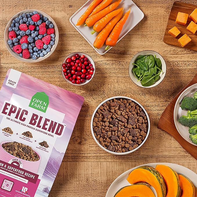 Open Farm, Epic Blend Grain Free High Protein Dry Dog Food, Probiotic Coated & Bone Broth Infused Kibble with Air Dried Meat & Organs, Salmon & Superfood Recipe, 18lb Bag