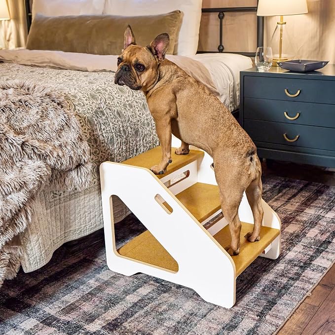 FurHaven Steady Paws 3-Step Pet Stairs – Plush Faux Fur Dog Steps for Bed and Sofa, Small Dogs & Cats, White/Tan